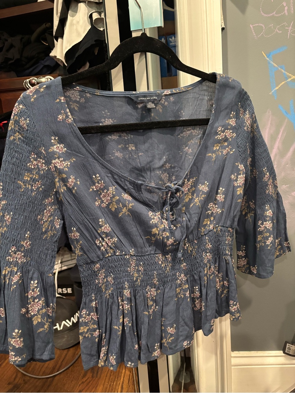 American Eagle Outfitters Navy Floral Tie-Front Peplum Blouse